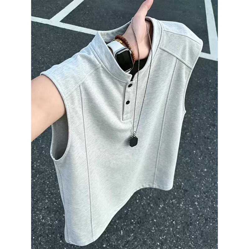 Henry Collar Sleeveless Vest for Men, American-Style Deconstructed Stand-Up Collar, Regular Shoulder, High-End Feel T-Shirt, Loose and Versatile Vest Top Henry Collar Sleeveless Vest for Men, American-Style Deconstructed Stand-Up Collar, Regular Shoulder, High-End Feel T-Shirt, Loose and Versatile Vest Top