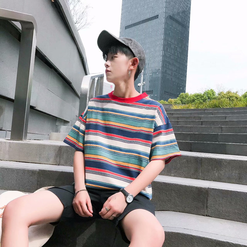summer contrast striped short sleeve men's t-shirt korean style trendy loose student half shirt ins super hot couple top clothes