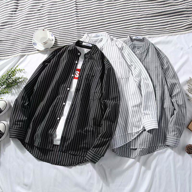 Shirt Man Long Sleeve Spring Autumn Season Korean Version Chic Tide for Striped Men Casual 100 Lap Shirt White Inch