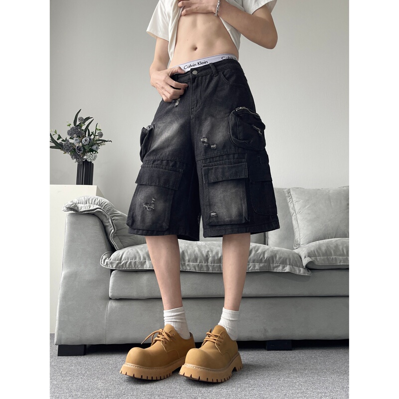 High Street Retro Black Workwear Denim Shorts for Men, American Hip-Hop Heavy-Duty Washed Multi-Pocket Large Size Knee-Length Shorts