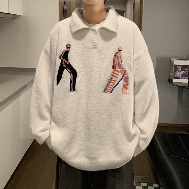 Trendy Couple Polo Collar Knitwear for Men and Women, High-End Embroidered American-Style Lazy Lapel Sweater Cardigan