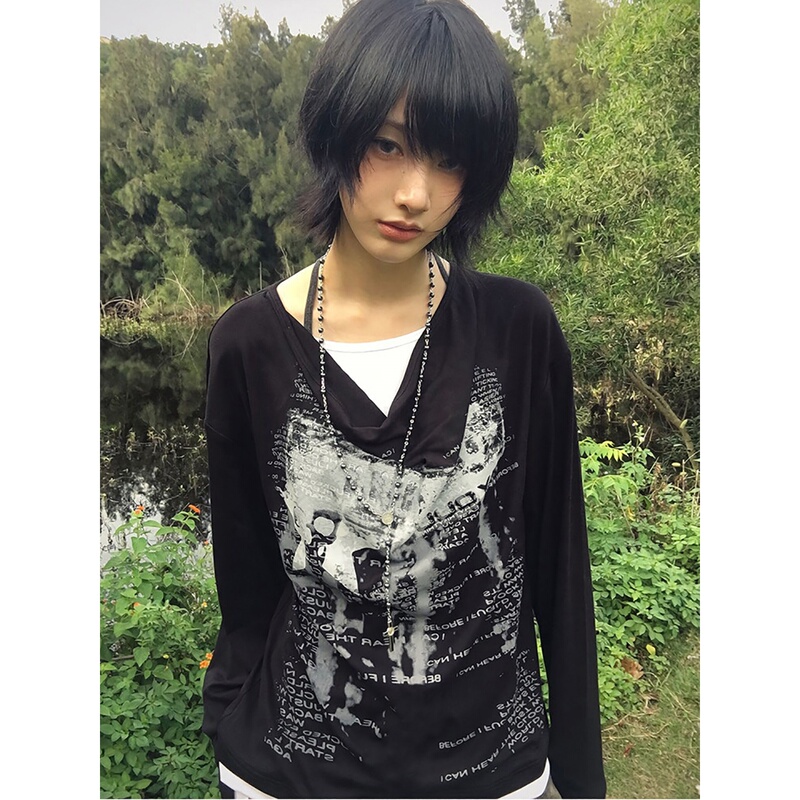 Subculture Fake Two-Piece Long-Sleeve T-Shirt for Men and Women, Sweet and Cool Punk Style, Spring and Summer Outfit, Design-Conscious Loose-Fitting Base Shirt