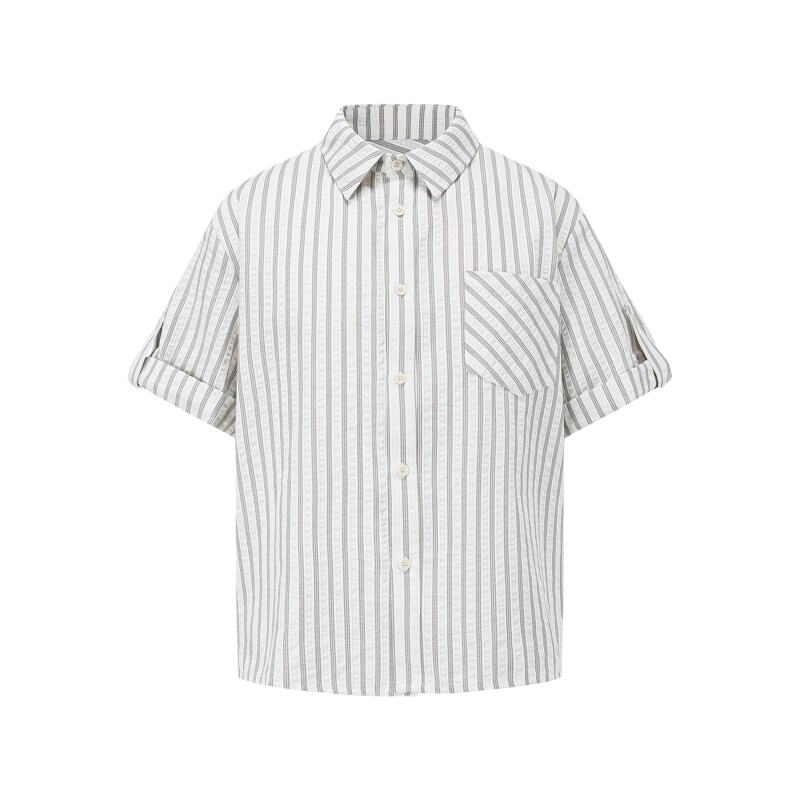 Manuscript Striped Seersucker Short-Sleeve Shirt Casual Textured Summer High-Quality Straight Shoulder Striped Shirt T-Shirt