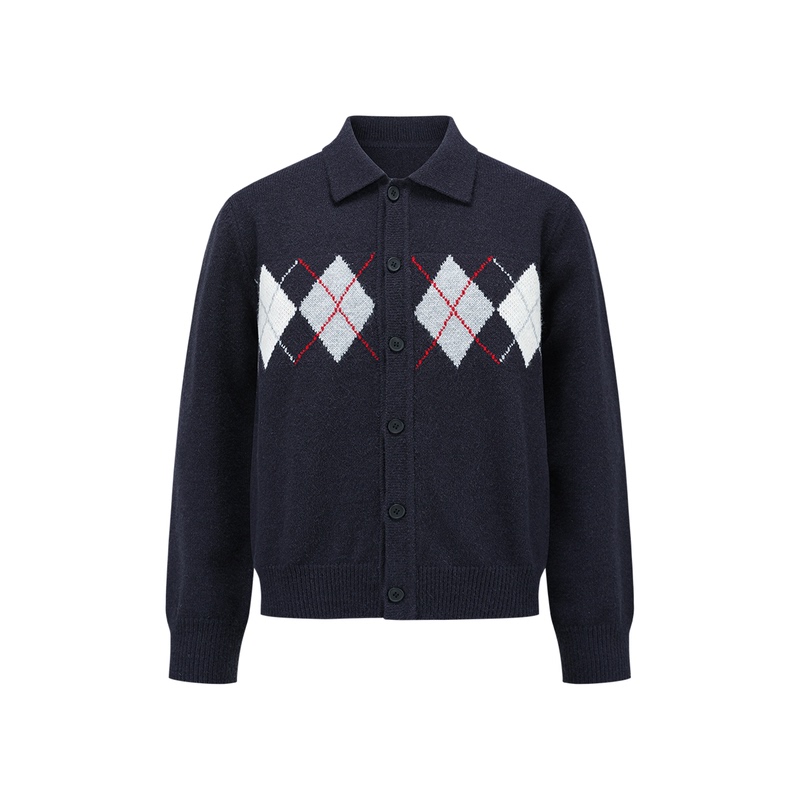 Manuscript Argyle Cardigan, Blended Velvet-Feel Lapel Knitwear, Old Money Retro Autumn and Winter Sweater