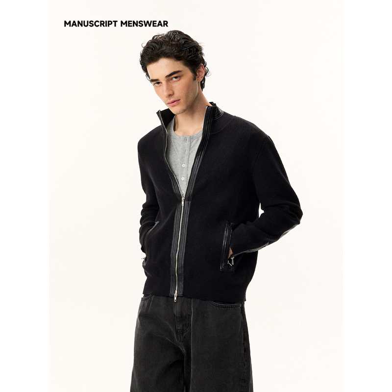 Manuscript Leather Patchwork Stand Collar Knitted Cardigan Slim Fit Textured Striped High Collar Shoulder Patchwork Leather Sweater
