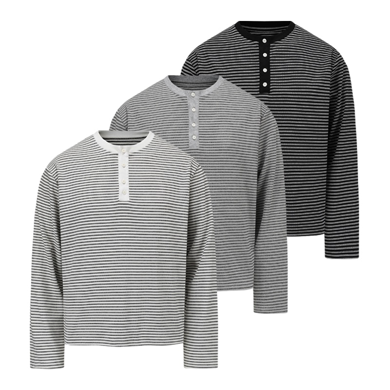 【Nico's Style】Manuscript Striped Henry Collar Long-Sleeve T-Shirt, Regular Shoulder Black and White Vintage Base Shirt