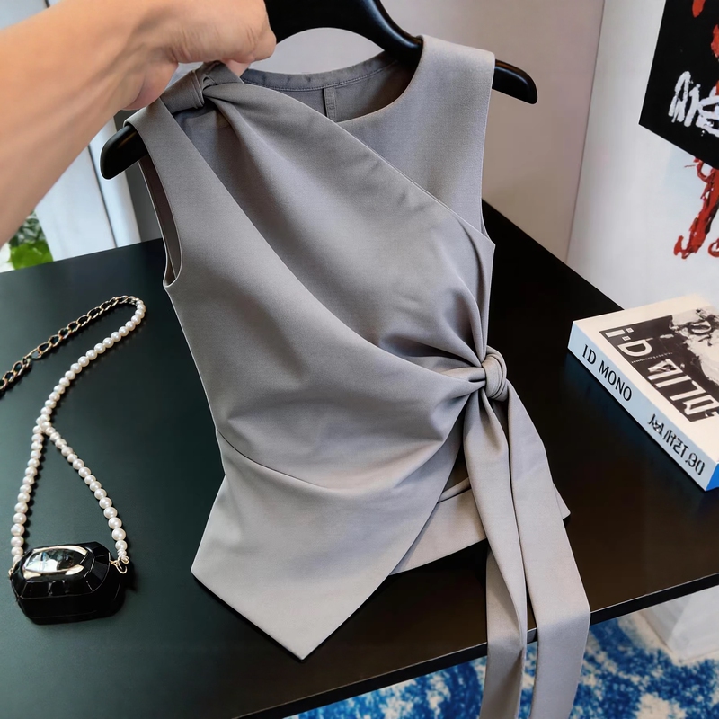 French-Style Sleeveless Shirt for Women, Summer Waist-Cinching Design, Niche Tie-Up, Irregular High-End Tank Top