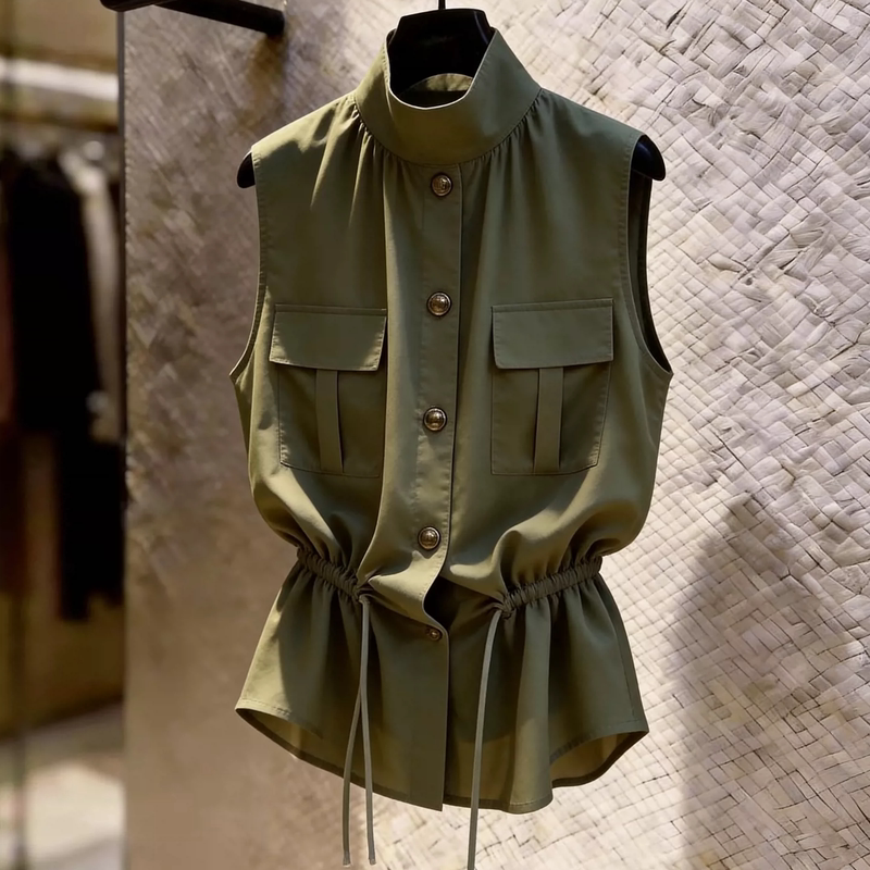 Vintage Stand-Collar Workwear Sleeveless Vest for Women, Summer Waist-Cinching Design, Niche Drawstring High-End Style Vest Top