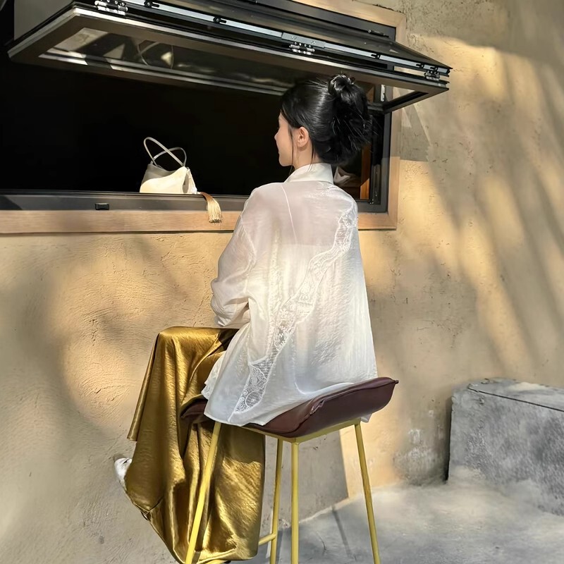French Lace Spliced Sun Protection Shirt for Women, Summer Thin Design, Niche Air-Conditioning Shirt, High-End Chiffon Top French Lace Spliced Sun Protection Shirt for Women, Summer Thin Design, Niche Air-Conditioning Shirt, High-End Chiffon Top