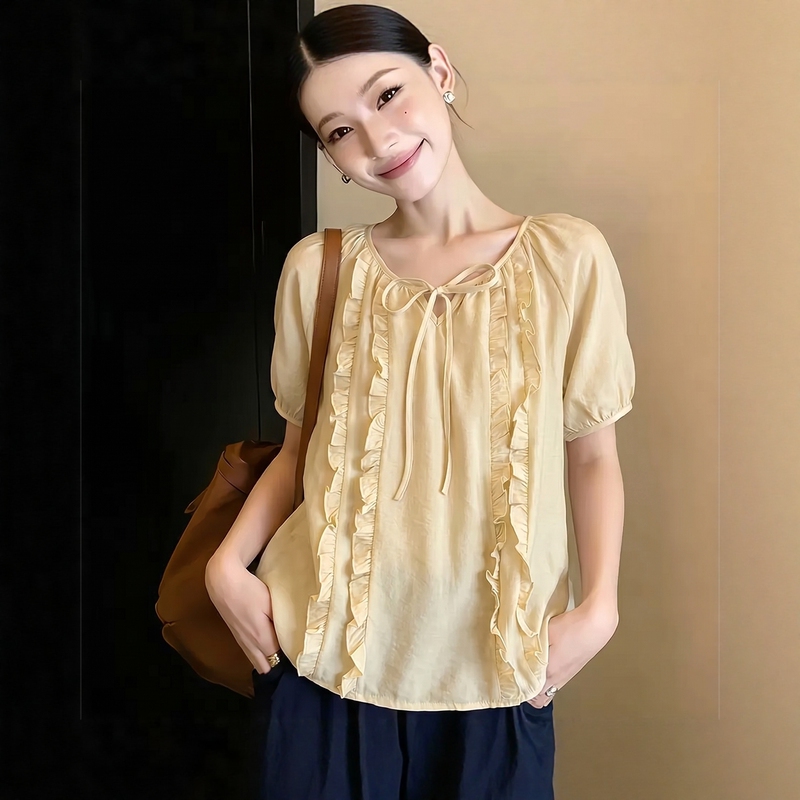 French-Style Chiffon Short-Sleeve Shirt with Ruffled Edges for Women, Summer Loose-Fitting Design, Unique Tie-Up High-End Top