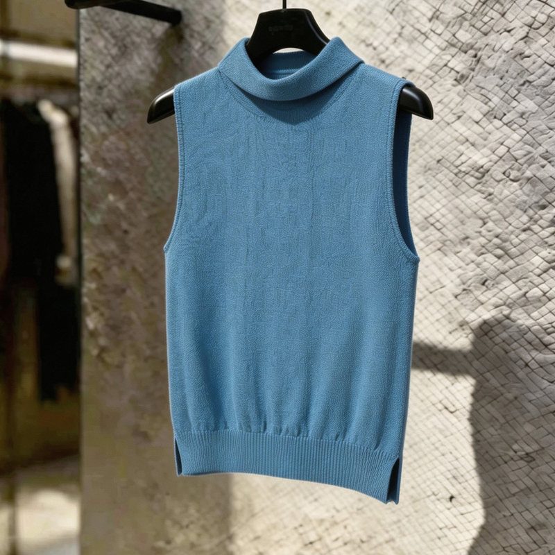 Blue Turtleneck Sleeveless Knitted Vest for Women, New Summer Fashion Slim-Fit Pullover Sweater, Versatile and High-End Top