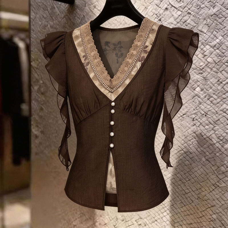 Vintage V-Neck Lace Patchwork Flutter Sleeve Blouse for Women, Summer Slim-Fit Design, Niche Style with Ruffled Edges
