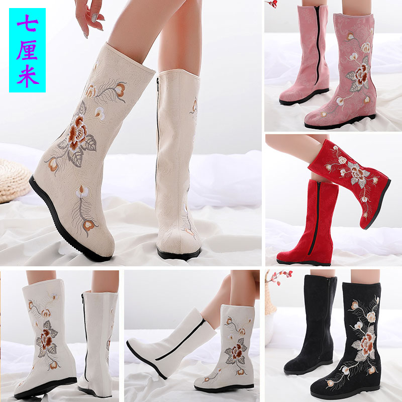 Winter plus velvet high-top cotton boots women's old Beijing high-heeled cloth shoes wedge heels ethnic ancient style high Hanfu embroidered shoes