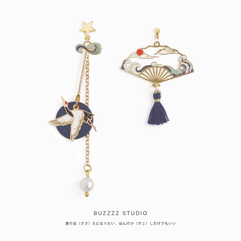 New Forbidden City Yanzi Tide Ear Needle Long Version Earrings New SUPER FAIRY Fairy Crane Earl Decorated without Ear-in-the-Ear Clip