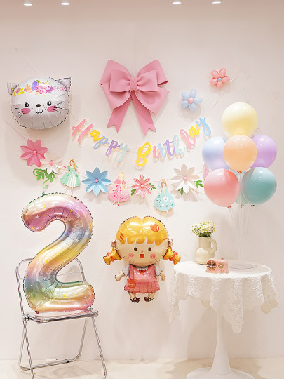Birthday decoration girl baby background wall balloon children cartoon internet celebrity first year theme party scene layout