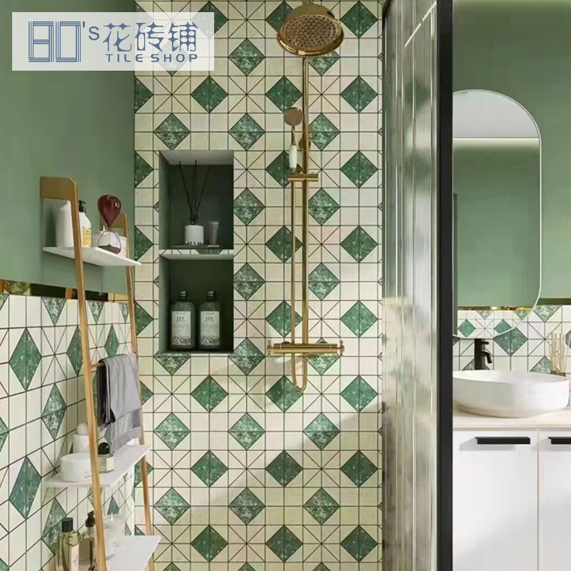 Retro dark green small flower brick powder room kitchen tile homestay dining room non-slip bathroom balcony flower piece 300