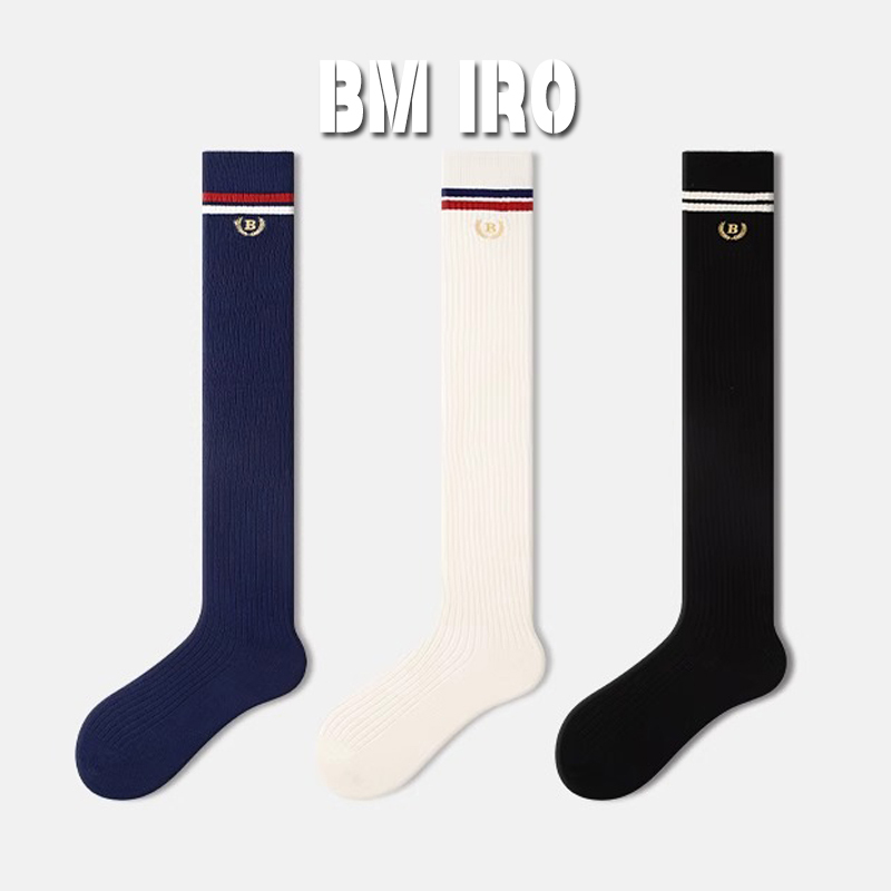Japanese Bm Iro Black Calf Socks for Women, Spring and Autumn Embroidered Striped Jk Socks, Paired with Loafers, High Tube Long Cotton Socks