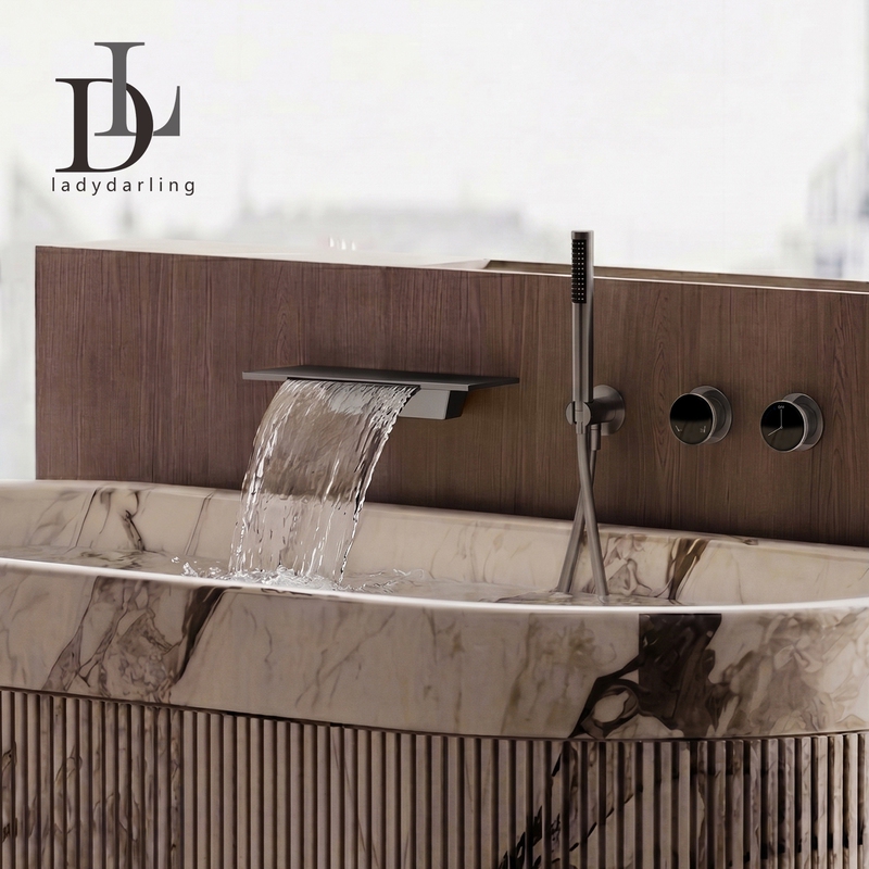German Leiderdan Concealed Bathtub Faucet, Wall-Mounted, Pre-Embedded, All-Copper Hot and Cold Bathtub Shower Waterfall Faucet