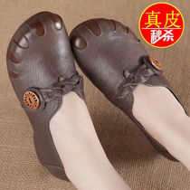 Back Force True Soft Leather Middle-aged Mother Shoes Flat Bottom Comfort National Wind Spring New Bull Fascia Anti Slip Single Shoe Woman Retro