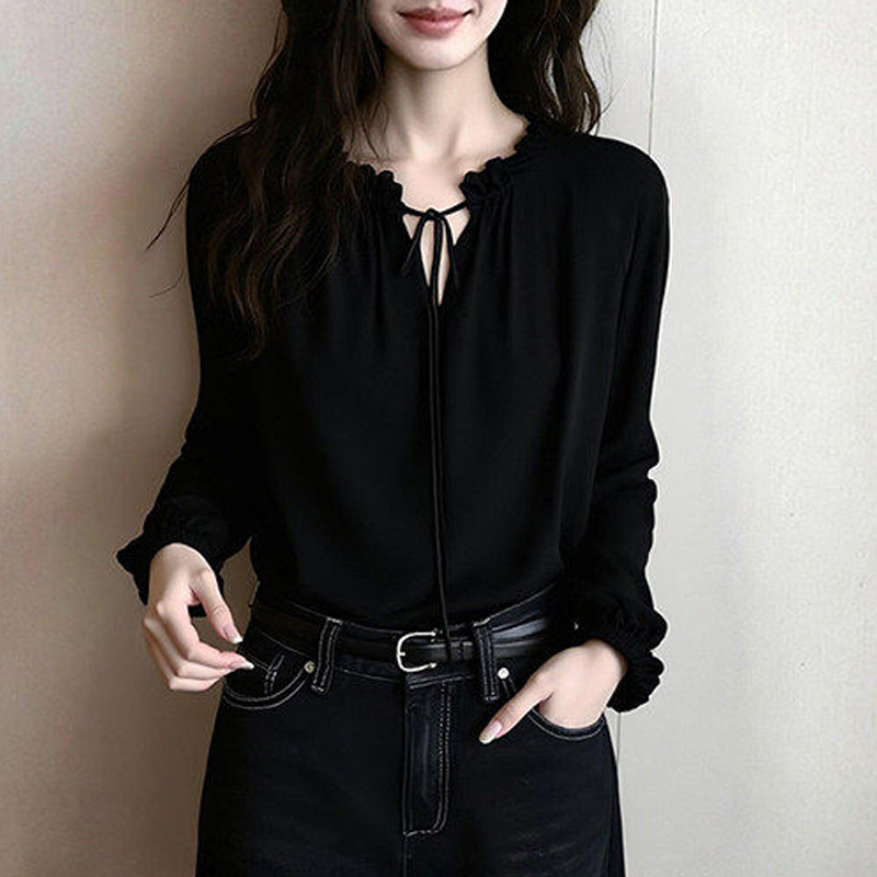 Brand Women's Black V-Neck Tie-Up Long-Sleeve Shirt, New 2026 Model, Suitable for Important Occasions, Inner Wear Top