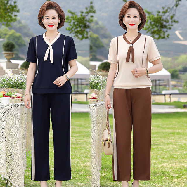 Mom's Summer Suit Western Style 2024 New Middle-aged Tops Sportswear Set two-piece Women Middle-aged and Old Women Spring and Summer Short Sleeves