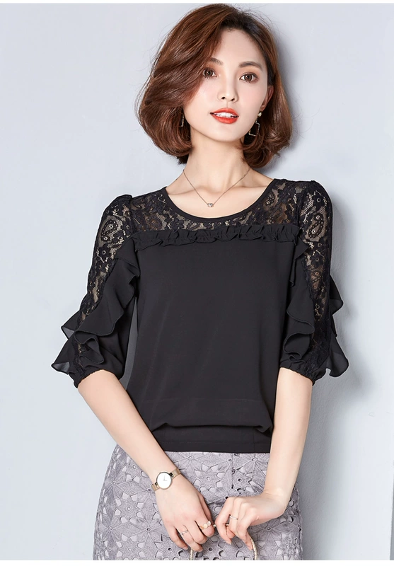 Áo voan ngắn tay 2018 hè mới ren ruffle khâu mảnh mai che bụng cỡ lớn áo sơ mi nữ tính khí áo công sở nữ