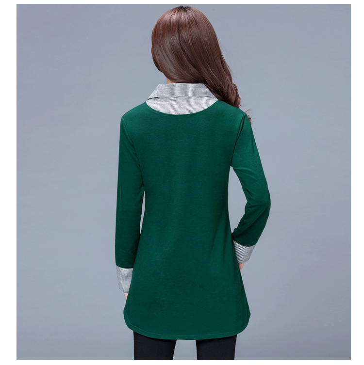 Mẹ size lớn nữ béo mm che bụng áo mùa thu ve áo mới trong đoạn dài áo thun cotton dài tay nữ quần ống suông cho tuổi trung niên