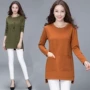 Quần áo Fei Po mùa xuân và mùa thu mặc áo sơ mi chạm đáy mẹ trung niên béo MM cộng với phân bón XL áo hở bụng của phụ nữ váy cho người trung tuổi