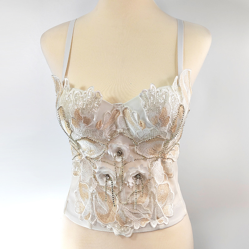 French-Style Design White Fishbone Corset Waist-Cinching Top Slimming Corset with Beaded Embroidery Strapless Bustier