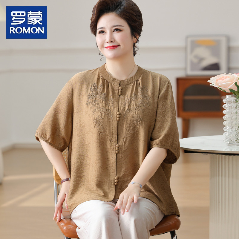 Romon Plus-Size Summer Cotton and Linen Suit Short-Sleeve Shirt for Middle-Aged and Elderly Women, Extra-Large Size Loose Shirt That Hides Flaws