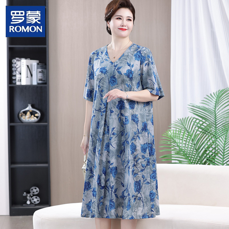Romon Middle-Aged and Elderly Women's Summer Clothing 100kg Slimming Skirt Plus Size for Overweight Mothers Short-Sleeved Belly-Covering Dress