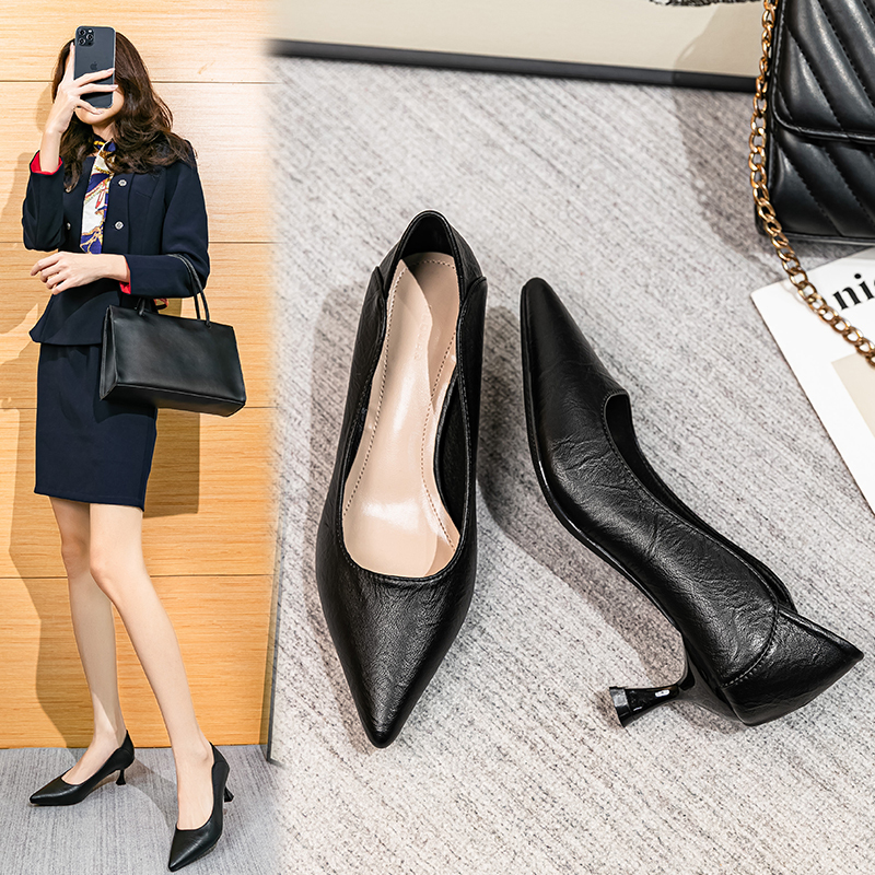 Flight Attendant High Heels Women's Comfortable Soft-Soled Shoes Black Professional Workwear Mid-Heel Stiletto Soft Leather Work Shoes Women's Flats