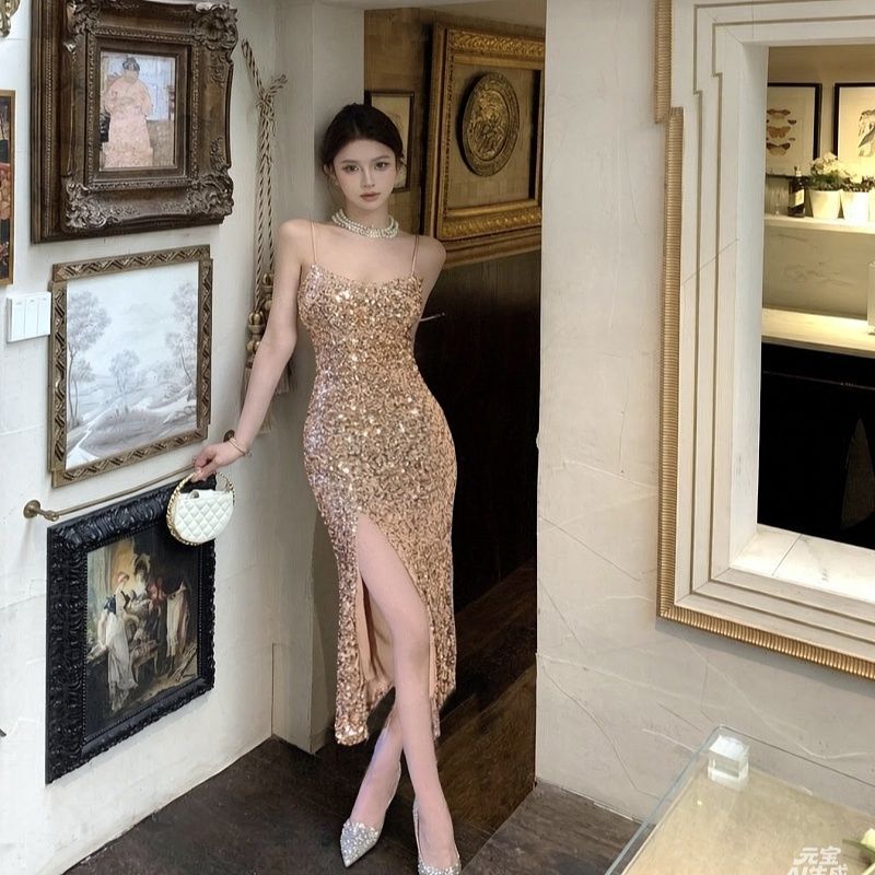 Luxurious Gold Sequin Slip Dress with Heavy Craftsmanship, Feminine Slit Design, Bodycon Mid-Length Dress, Elegant Party Dress Luxurious Gold Sequin Slip Dress with Heavy Craftsmanship, Feminine Slit Design, Bodycon Mid-Length Dress, Elegant Party Dress