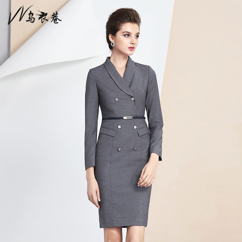 Ousuits Alley Grey Ocean Dress Fashion Elegant Name Yuan double-row buttresses Western-style dress Long sleeves Autumn Winter Work One Step Skirt