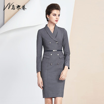 Black lane gray dress Fashion elegant socialite double-breasted suit dress Long sleeve autumn and winter business dress one-step skirt