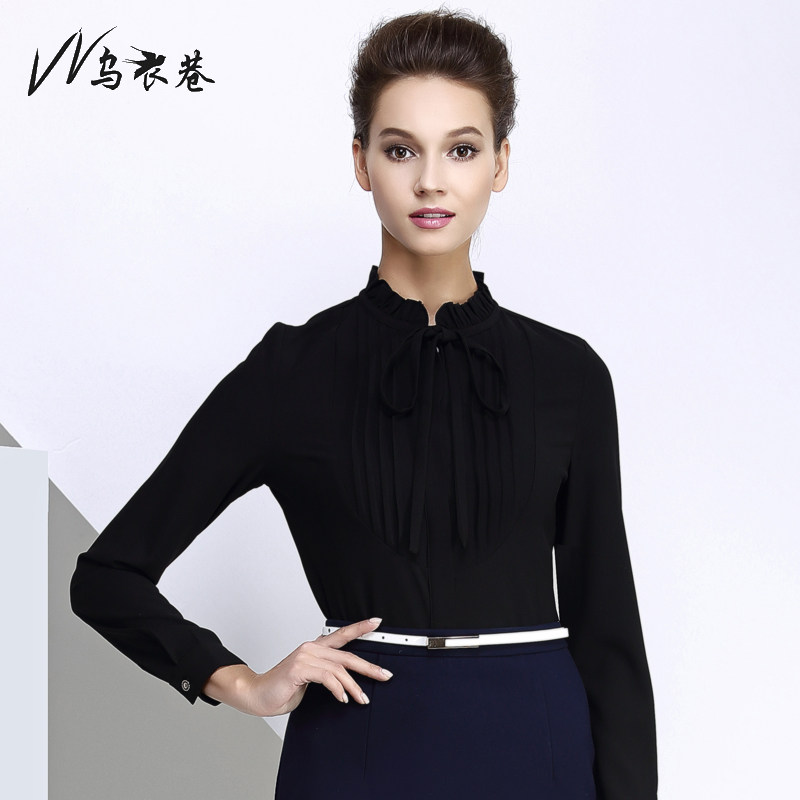 Ouater Alley Career Black Shirt Fashion Suit Inset Slim OL Long Sleeve Shirt Temperament Butterfly Knot