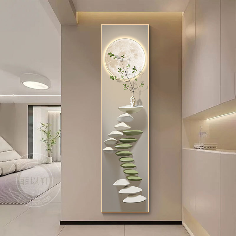 Good Fortune Comes with Time, Decorative Painting for the Entrance, Cream-Style Corridor, Narrow Strip Hanging Painting, Green Plants, Living Room Wall Painting