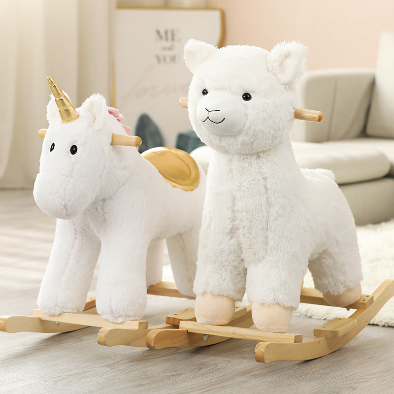 Hair Suede Toy Children Solid Wood Trojan Horse Rocking Horse Emulation Animal Rocking Chair Baby Boy Birthday Gift Little Girl