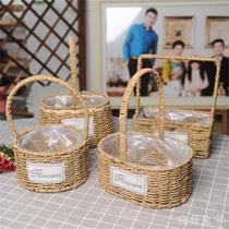 Flower Basket Rattan Portable Flower Arrangement Basket Straw Flower Pot Creative Hand-Weaved Pastoral Pothos Bamboo Living Room Ornament