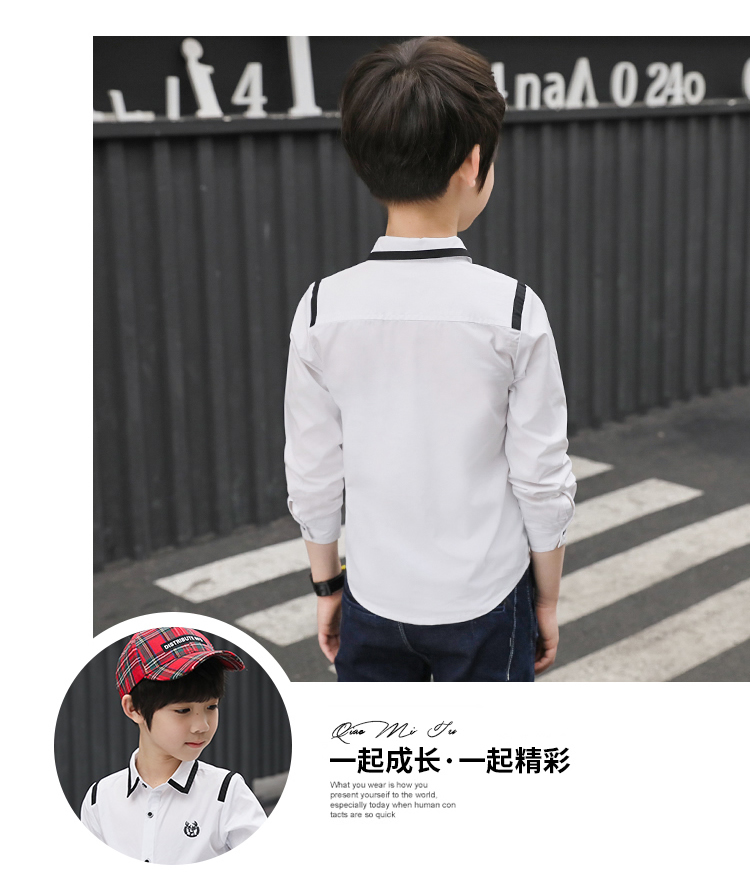 Quần áo bé trai Qiao Mi thỏ màu rắn 2018 mùa thu mới cho trẻ em lớn cotton cho trẻ em sơ mi cộc tay bé trai