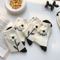 Three-dimensional camellia spring and summer new womens socks socks womens mid-tube socks ins tide Korean version street cotton womens stockings