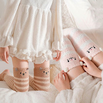 Japanese coral fleece socks womens autumn and winter stockings sleep plus velvet thickened warm air-conditioned room knee pads long tube over the knee socks