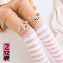 Coral velvet sleeping socks women knee socks knee pads Terry long tube warm cute cartoon thick adult sleep socks