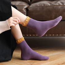 Agaric side Songkou Spring and autumn season Womens thin cotton Korean version Japanese flower side Pregnant Woman Moon Socks stockings Pink Midcylinder Socks