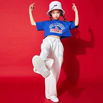 Tide girl hip hop street dance dress Lu navel short sleeve coat blue and white pants suit girl jazz dance children performing suit