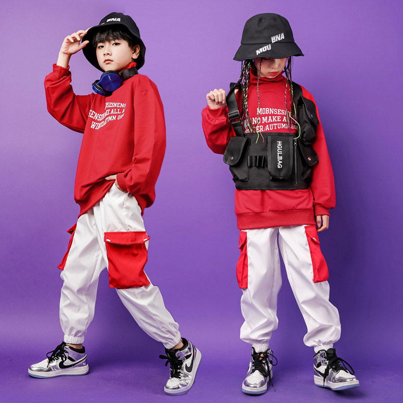 Boys hip-hop hip-hop clothing red and white sports suit girls jazz drum performance clothing big children autumn style