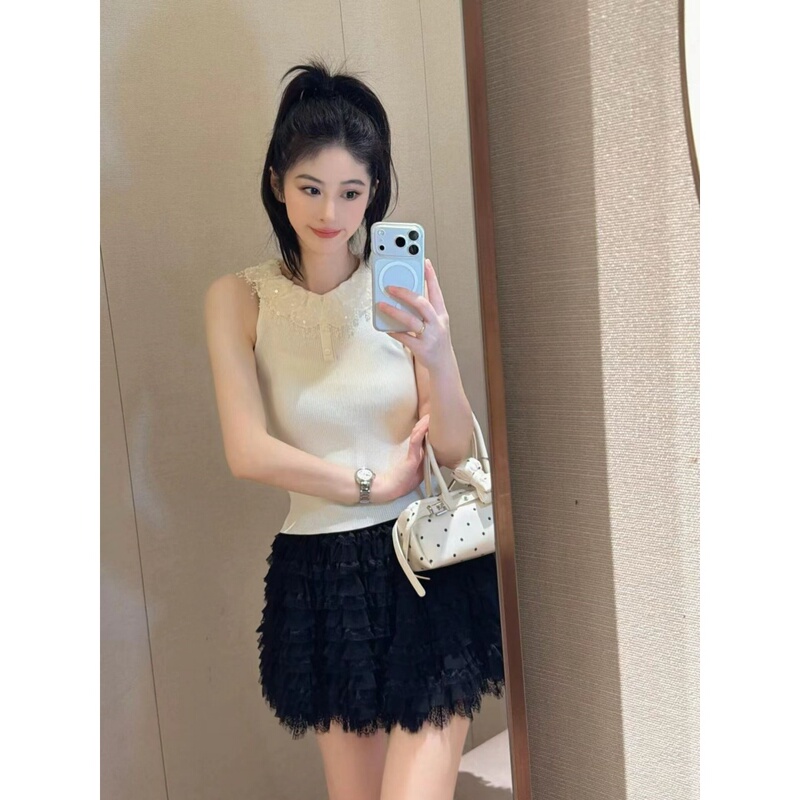 Jr Counter Genuine Product 2026 Summer New Style Slim Fit Lace Floral Collar Sleeveless Knit Top Xsj3M02B