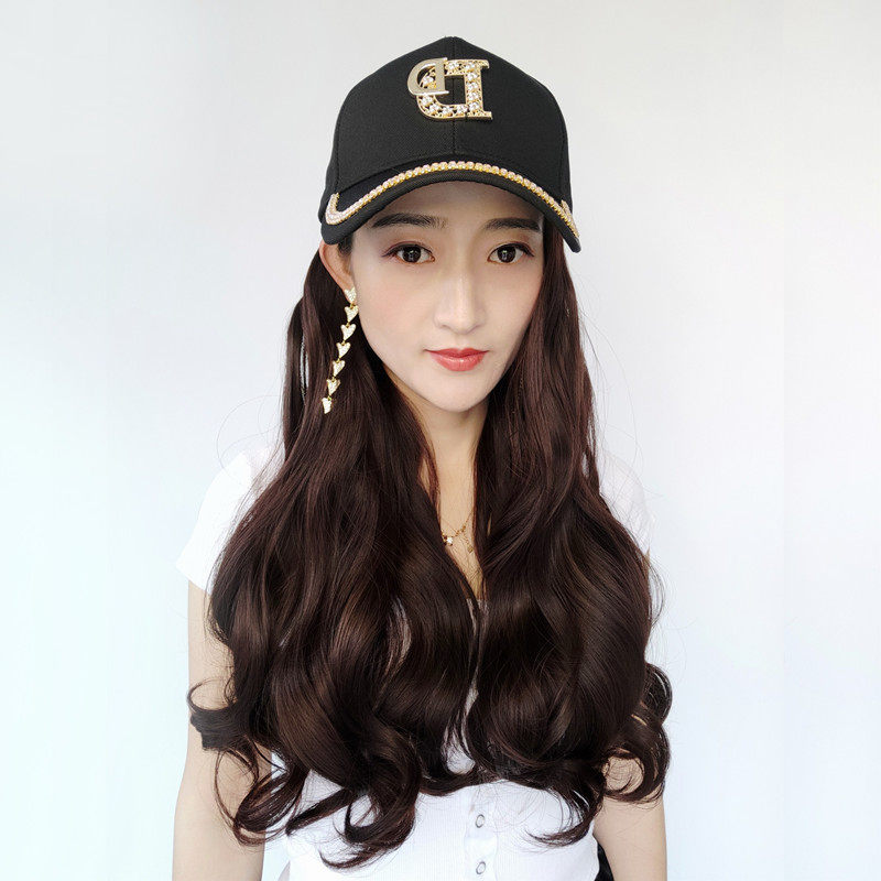 Summer baseball cap wig detachable cap cap black brown gradient color curly hair long straight hair wave water ripple wool roll