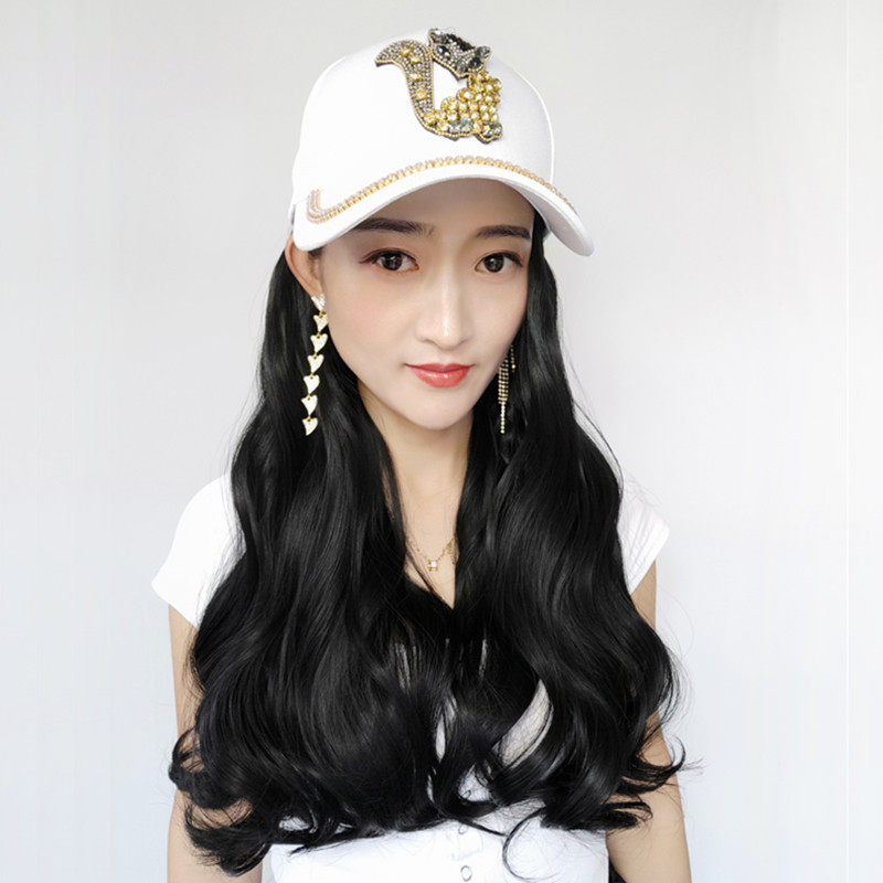 Summer Little fox baseball cap wig disassembled duck tongue cap long curly hair straight air large wave corn hot water polo
