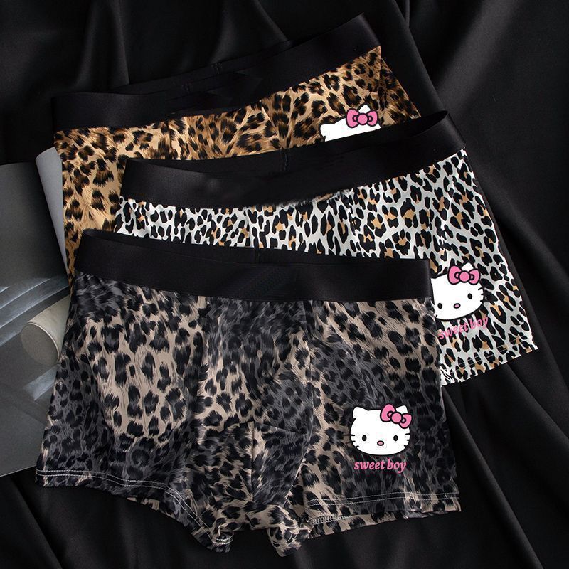 Ice Silk Hello Kitty Leopard Print Boxer Briefs for Men, Comfortable, Breathable, Trendy and Sexy Boxer Shorts